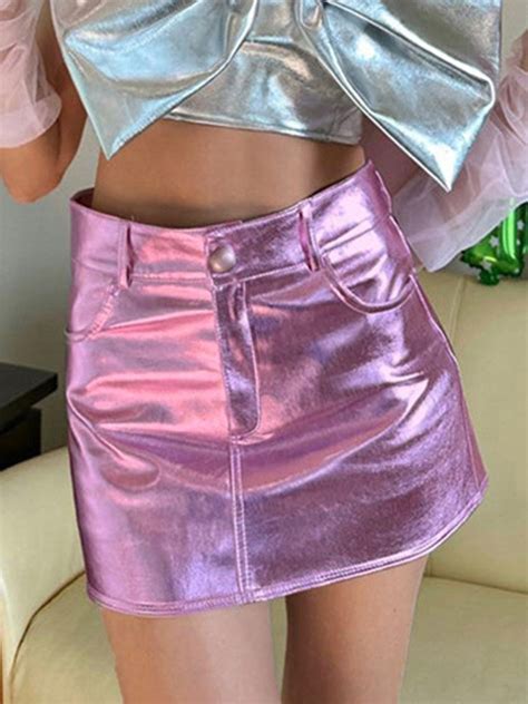 Emmiol Free Shipping 2024 Patent Leather Mini Skirt Pink M In Mini