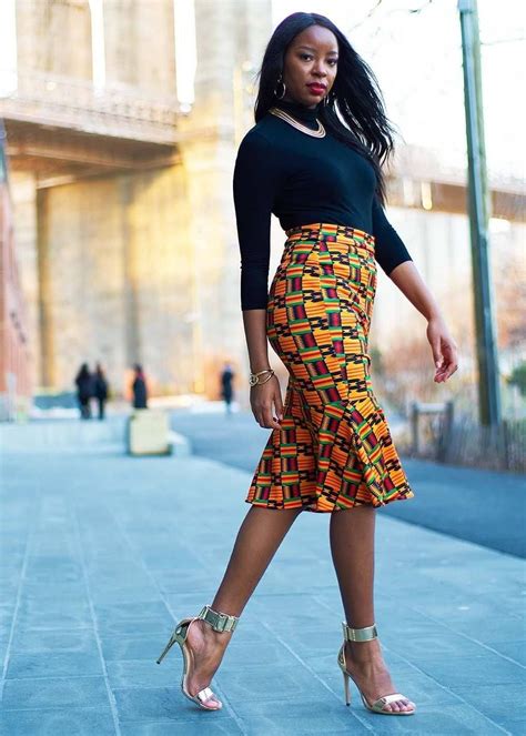 African Print Peplum Waist Pencil Skirt Black Yellow Kente Diyanu