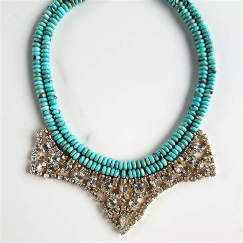 Vintage Rhinestone And Double Turquoise Necklace Lola Florence Jewelry