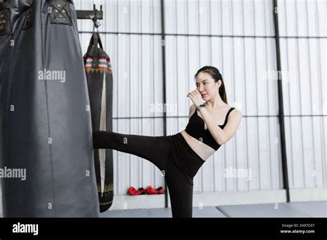 Exercise Concept The Female Boxing Beginner Being Firm And Giving