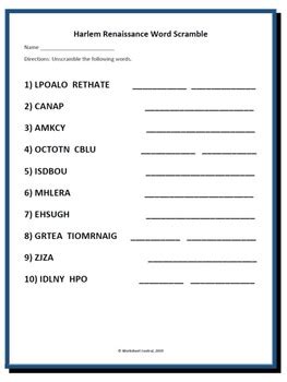 Our online harlem renaissance trivia quizzes can be adapted to suit your requirements for taking some of the top harlem renaissance quizzes. The Harlem Renaissance - Differentiated Word Scramble w ...