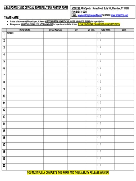 Softball Roster Template Fill Out And Sign Online Dochub