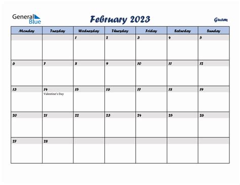February 2023 Monthly Calendar Template With Holidays For Guam