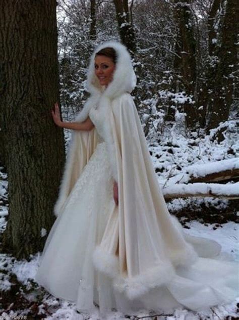 Long Bridal Cloak Faux Fur Shawl Satin Whiteivory Cape Winter Hooded