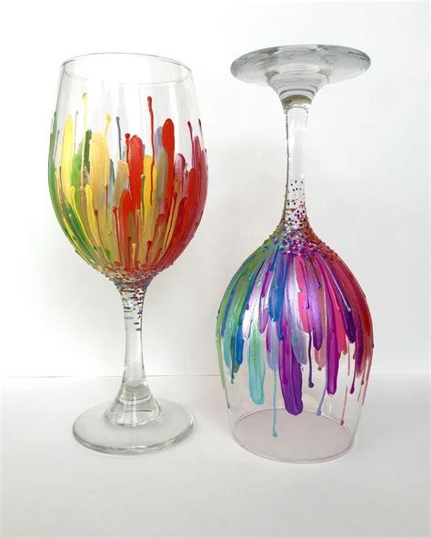 Rainbow Color Burst Wineglass Set Of 2 Hand Painted 20oz Glasses