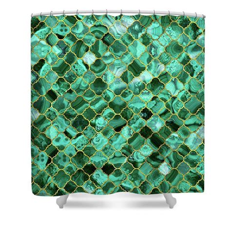 Quatrefoil Moroccan Pattern Malachite And Gold Shower Curtain For Sale