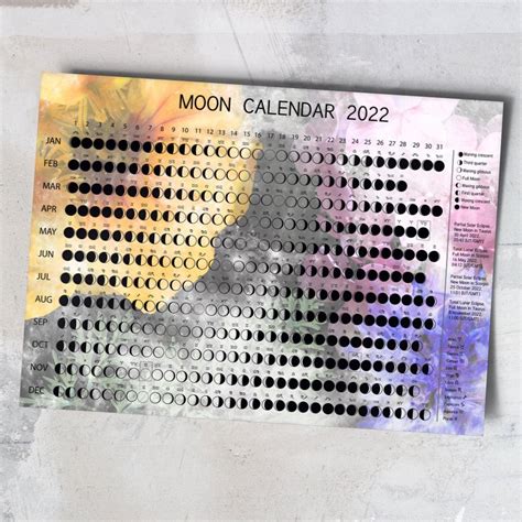 Moon Calendar 2022 Lunar Chart Phases Year 2022 Etsy