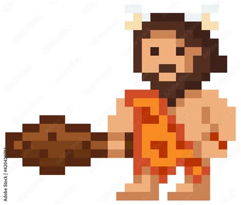 Vector Pixel Illustration Of Cartoon Caveman Pixelated Primitive Man