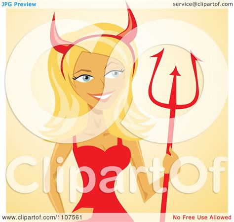 Clipart Smiling Blond She Devil Woman Holding A Trident On Yellow