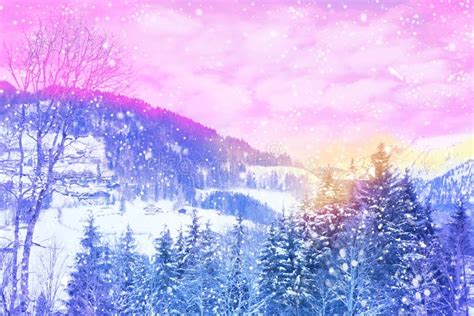 Beautiful Winter Landscape Snow Covered Fluffy Fir Trees Snowfall In