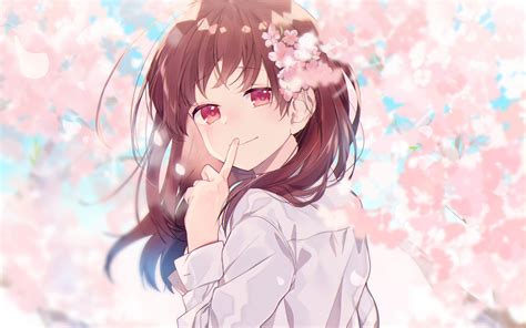 Download 2880x1800 Anime Girl Shhh Cherry Blossom Brown