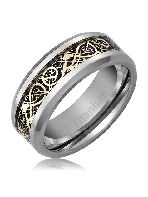 mens wedding band in titanium 8mm promise engagement ring gold plated celtic dragon design