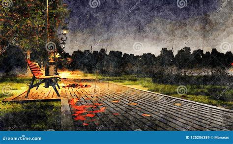 Rainy Autumn Night In Park Watercolor Landscape Stock Illustration
