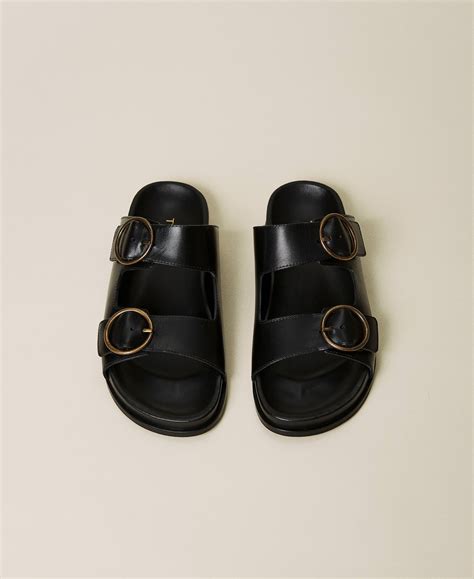 Leather Sandals With Double Buckle Woman Black Twinset Milano