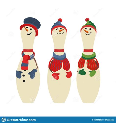 Cute Bowling Pins Snowmen Flat Color Icons Stock Illustration