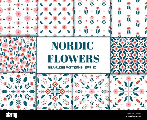 Big Set Of Scandinavian Nordic Floral Seamless Pattern With Simple