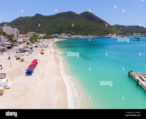 Close Up Aerial View Of Philipsburg Beach In The Caribbean Island Of St