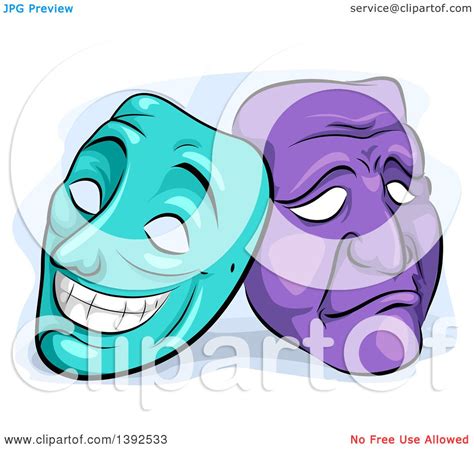 Clipart Of Turquoise And Purple Happy And Sad Theater Masks Royalty
