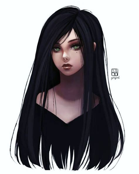 a drawing of a woman with long black hair and green eyes wearing a black top