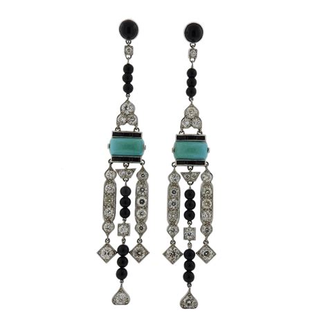 Mid Century Turquoise Onyx And Diamond Earrings At Stdibs