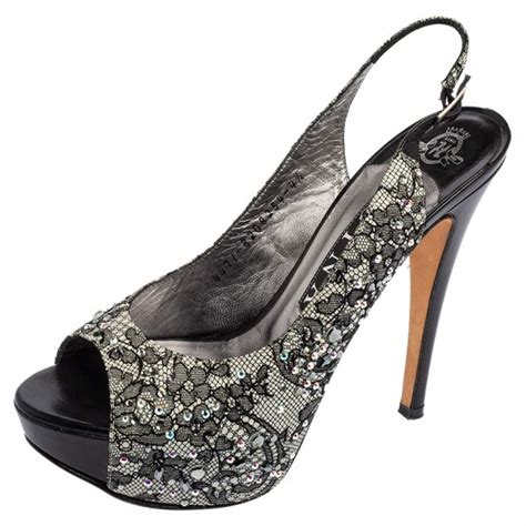 Gina Black Lace Crystal Embellished Peep Toe Slingback Platform Pumps Size 375 Gina The