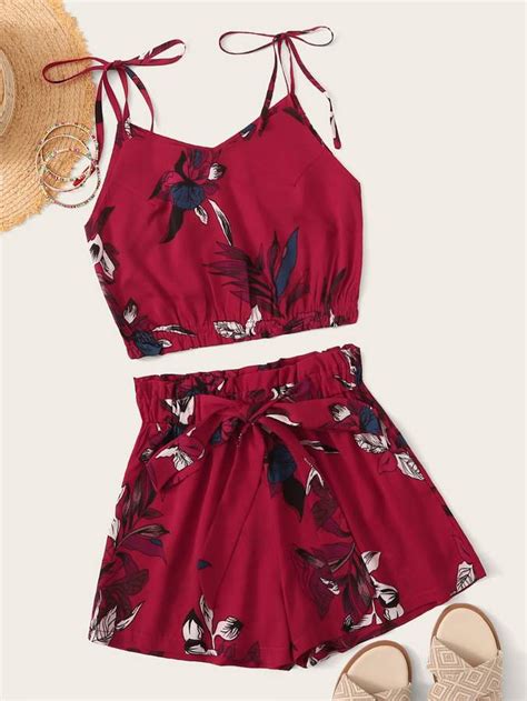 Floral Print Cami Top And Tie Front Shorts Two Piece Outfit Fancy Outfits Fashion Clothes Women