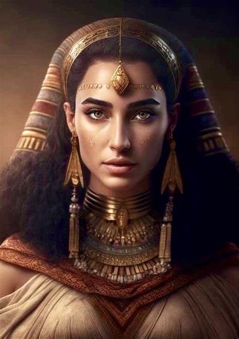 an egyptian woman with long hair and gold jewelry on her head looking at the camera