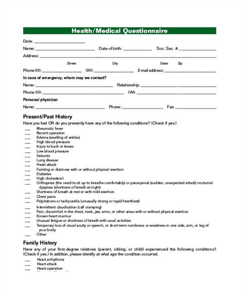 Free Medical Questionnaire Template Nisma Info