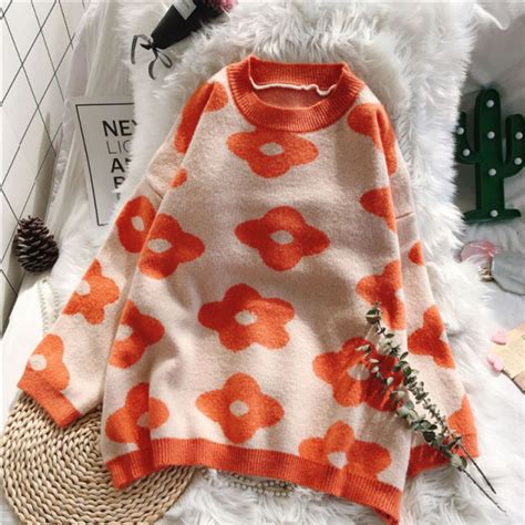 Cute Flower Pattern Sweater Flower Print Knit Pullover Etsy Uk