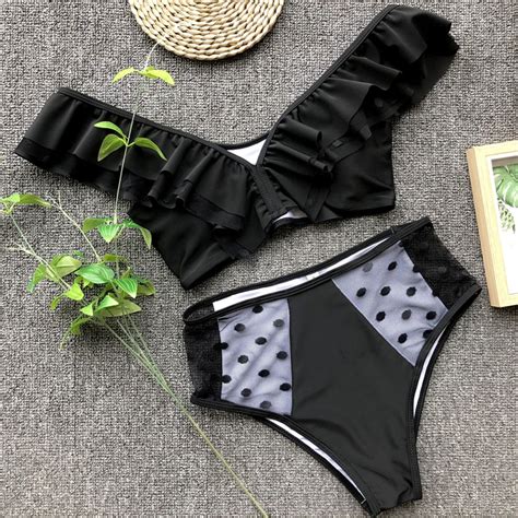 Free Shipping Ruffled High Waist Bikini Female Polka Dot Swimsuit Women