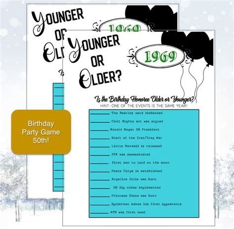 50th Birthday Party Game- - Younger or Older game- Birthday Trivia for Old Man or Old Lady! Fun ...