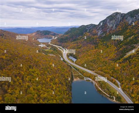 Franconia Notch With Fall Foliage Aerial View Including Profile Lake