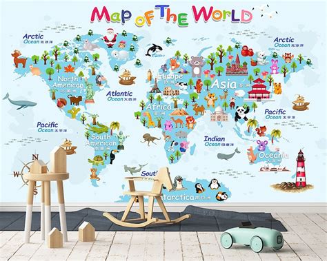3d Cute Map Of The World Kids872removable Wallpaper Self Etsy