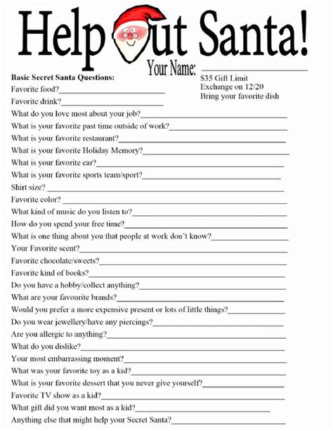 Free Printable Secret Santa Questionnaire Templates Pdf Example