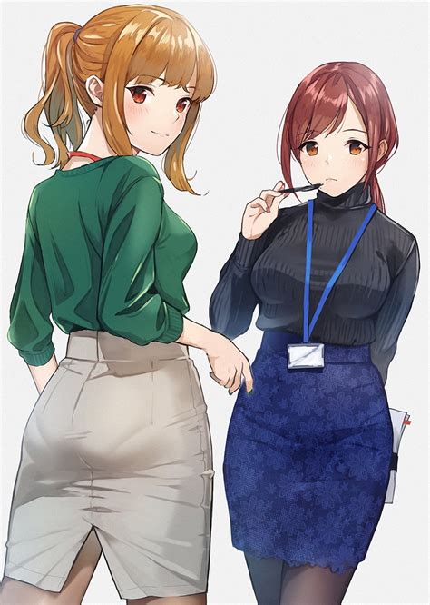 Safebooru 2girls Arm Behind Back Ass Bangs Black Legwear Black Sweater Blue Skirt Blush Closed