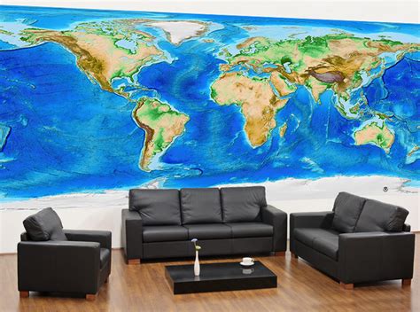 World Topography And Bathymetry World Satellite Image Map Wall Mural W