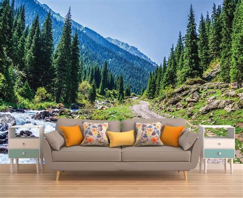 Wall Decor Mountain Pine Trees Wall Mural Spring Wallpaper Etsy