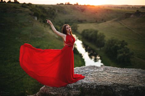 Wallpaper Model Brunette Red Dress Women Outdoors Depth Of Field