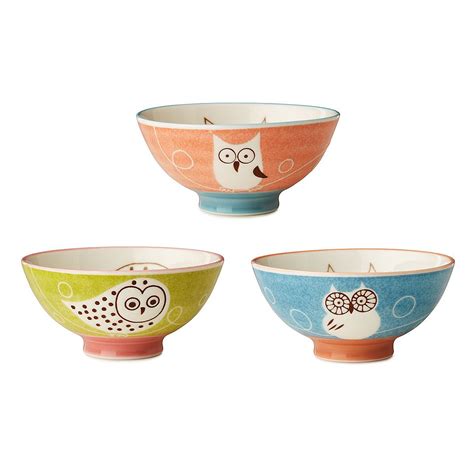 Owl Bowls Set Of 3 Ceramic Bowls Bird Illustrations Playful Design Casual Tableware