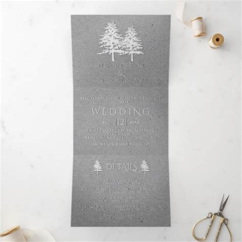 Embossed Trees Gray Kraft Paper Winter Wedding Tri Fold Invitation Zazzle