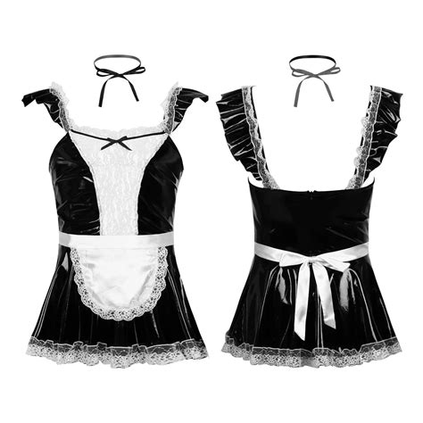 Men Sissy Naughty Lingerie Maid Dresses Costumes Shiny Leather Cosplay