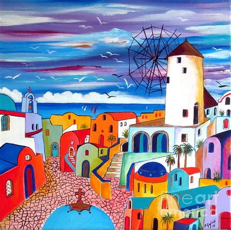 A Greek Mill And The Colors Of Oia Santorini Greece Painting Fine