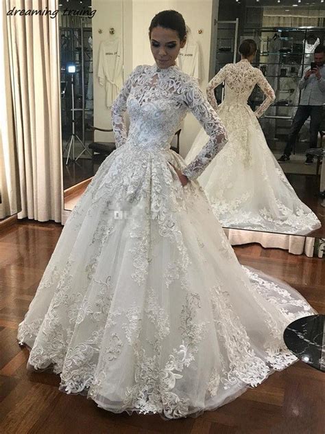Luxury Middle East Lace Ball Gown High Neck Wedding Dress In Dubai