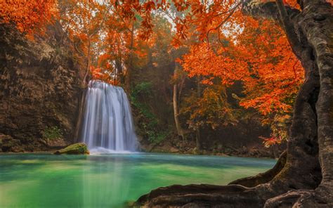 Download Wallpapers Autumn Waterfall Forest Lake Autumn Leaves Rock