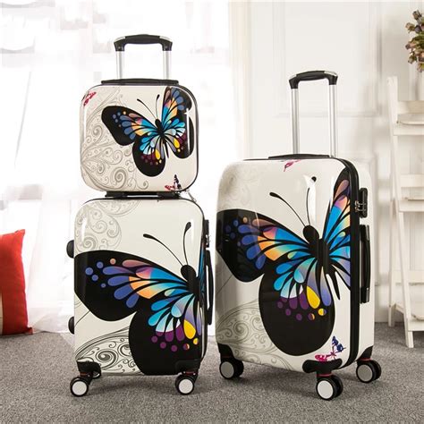 New Butterfly Rolling Luggage Set With Makeup Box Spinner Brand Travel