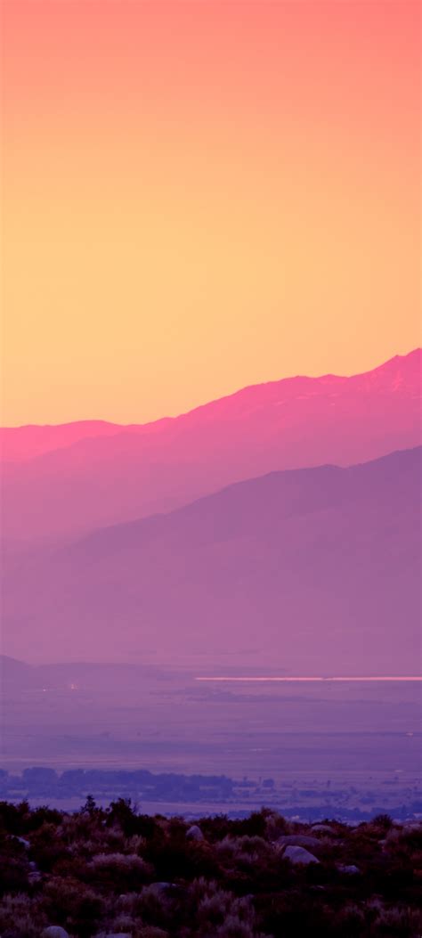 Pink Sky Wallpaper 4K, Sunset, Gradient, Mountains, Landscape, Nature