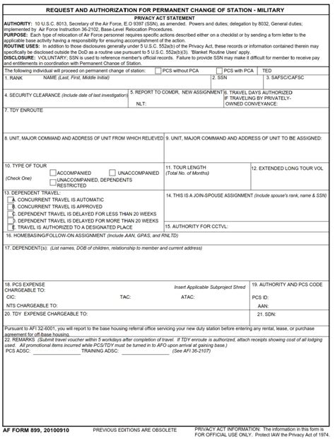 Af Form 899 Request And Authorization For Permanent Change Of Station