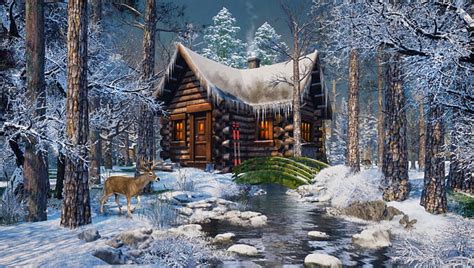 Scenic Winter Log Cabin Woods Cottage Snow Scenic Home Winter