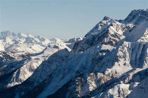 Steep Slopes Of The Snowy Mountain Massif In Sochi Russia Stock Image