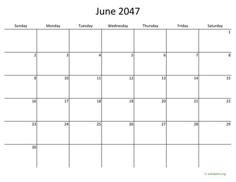 June 2047 Calendar With Bigger Boxes